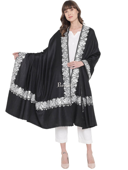 Pashtush India Womens Shawls Pashtush Womens Hand Embroidery Shawl, Border Design With Tilla Zari Work - Black