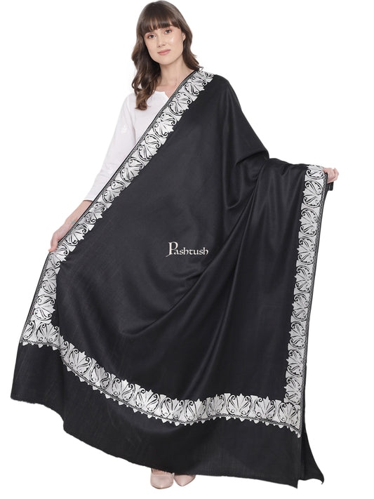Pashtush India Womens Shawls Pashtush Womens Hand Embroidery Shawl, Border Design With Tilla Zari Work - Black
