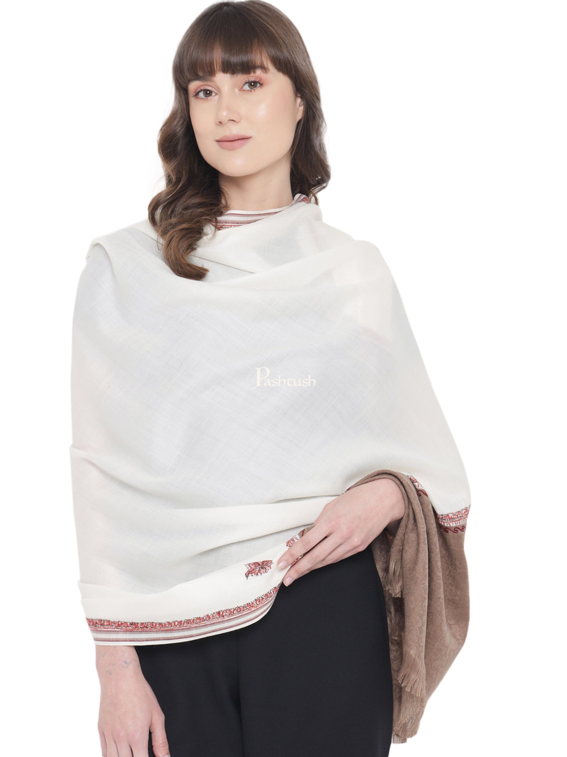 Pashtush India Womens Shawls Pashtush Womens Hand Embroidery Shawl, Kingri Design, Stitched Contrast Palla, Fine Wool White and Beige