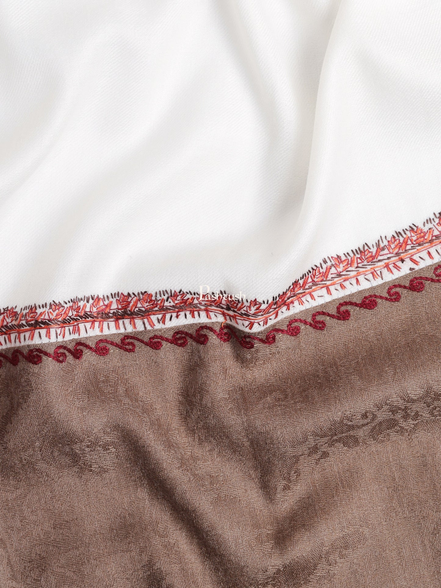 Pashtush India Womens Shawls Pashtush Womens Hand Embroidery Shawl, Kingri Design, Stitched Contrast Palla, Fine Wool White and Beige