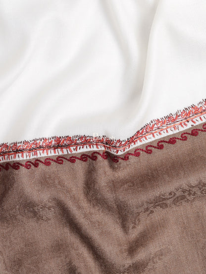 Pashtush India Womens Shawls Pashtush Womens Hand Embroidery Shawl, Kingri Design, Stitched Contrast Palla, Fine Wool White and Beige