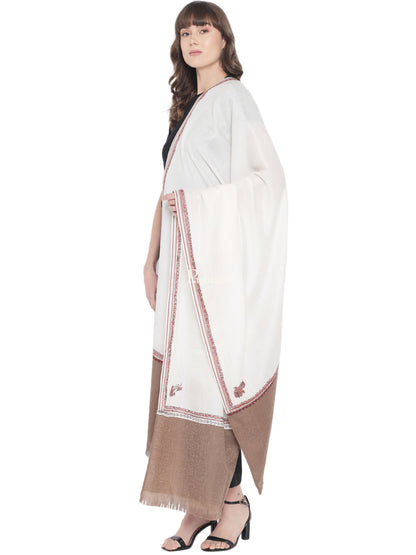 Pashtush India Womens Shawls Pashtush Womens Hand Embroidery Shawl, Kingri Design, Stitched Contrast Palla, Fine Wool White and Beige