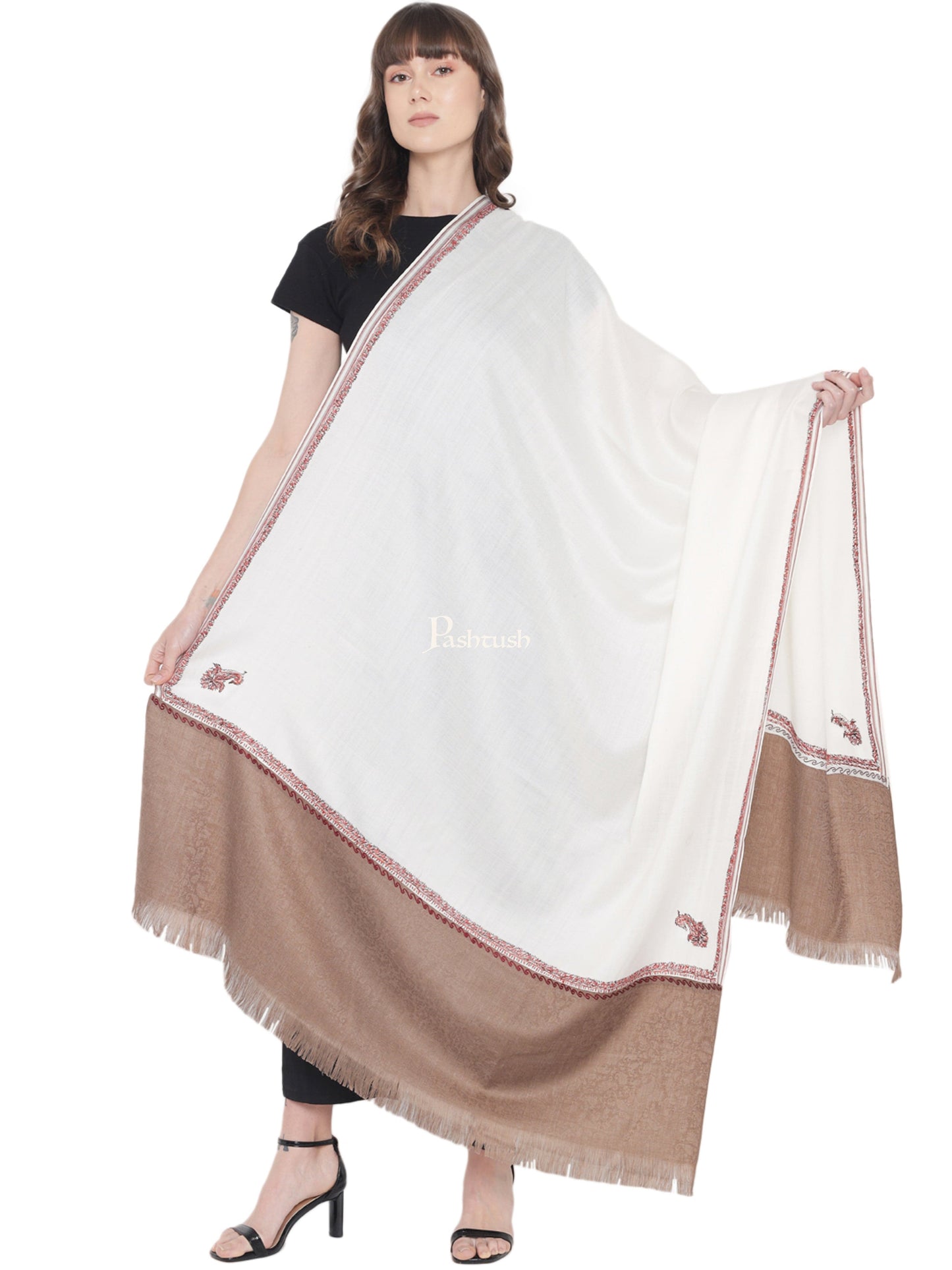 Pashtush India Womens Shawls Pashtush Womens Hand Embroidery Shawl, Kingri Design, Stitched Contrast Palla, Fine Wool White and Beige