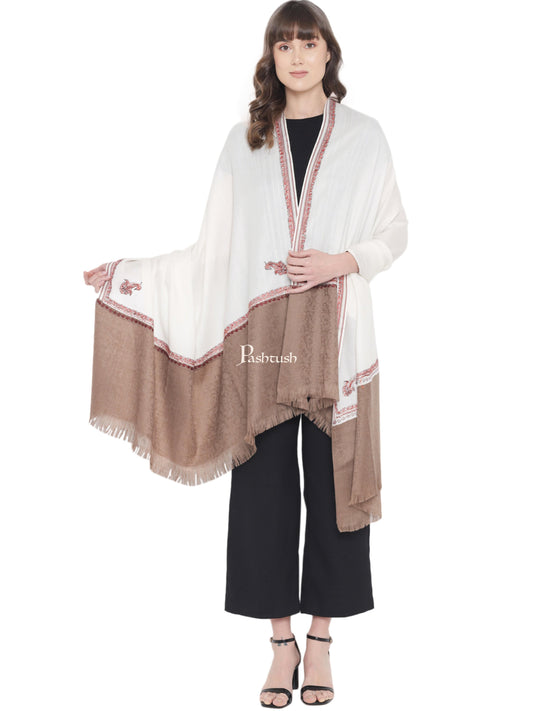 Pashtush India Womens Shawls Pashtush Womens Hand Embroidery Shawl, Kingri Design, Stitched Contrast Palla, Fine Wool White and Beige