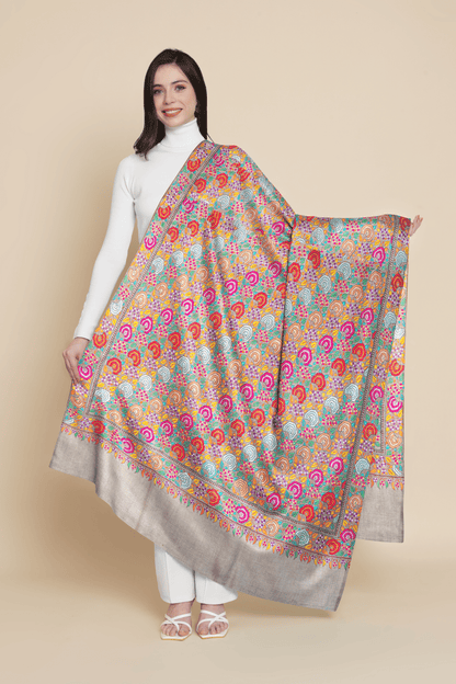 Pashtush India Womens Shawls Pashtush Womens, Handmade Pashmina Embroidery Shawl, Gulaabdar Papier Mache Embroidery with Resham Threadwork