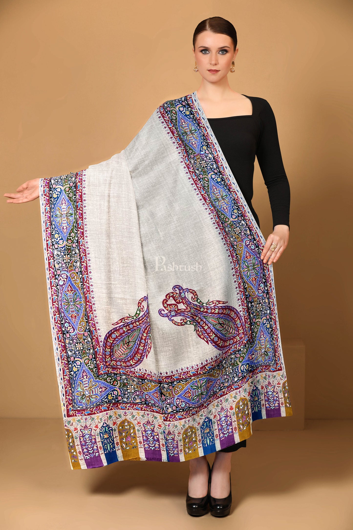 Pashtush India Womens Shawls Pashtush Womens Handmade Pashmina Shawl, Kalamkari Palla, Multicoloured