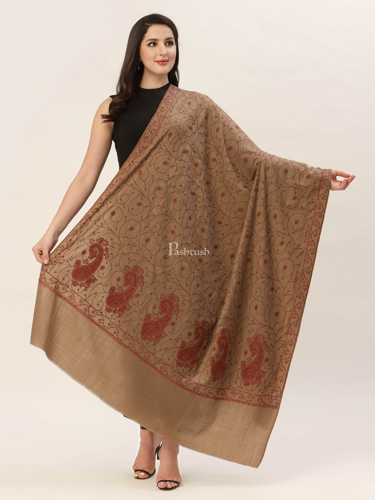 Pashtush India Womens Shawls Pashtush Womens Jaal Embroidery Shawl, Large Size, Taupe