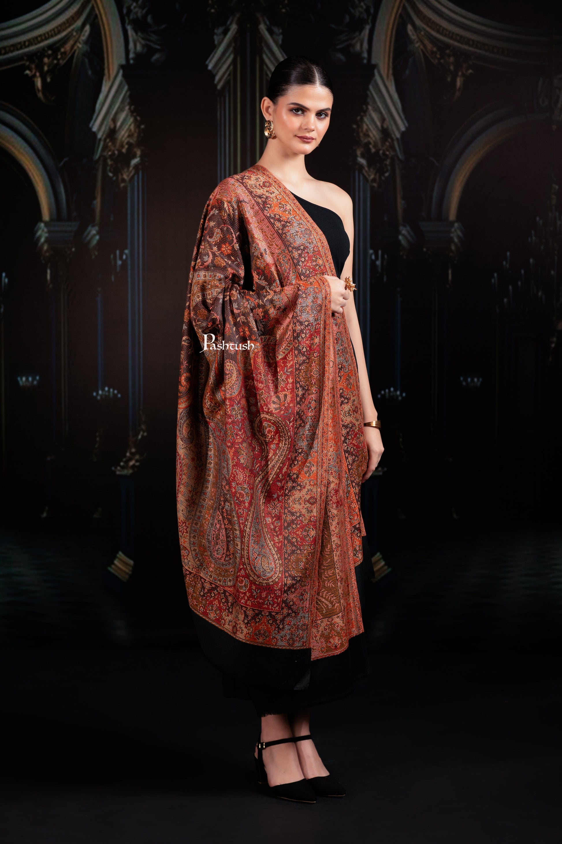 Pashtush India Womens Shawls Pashtush Womens Jamawar Shawl, Ethnic Paisley Design, Black