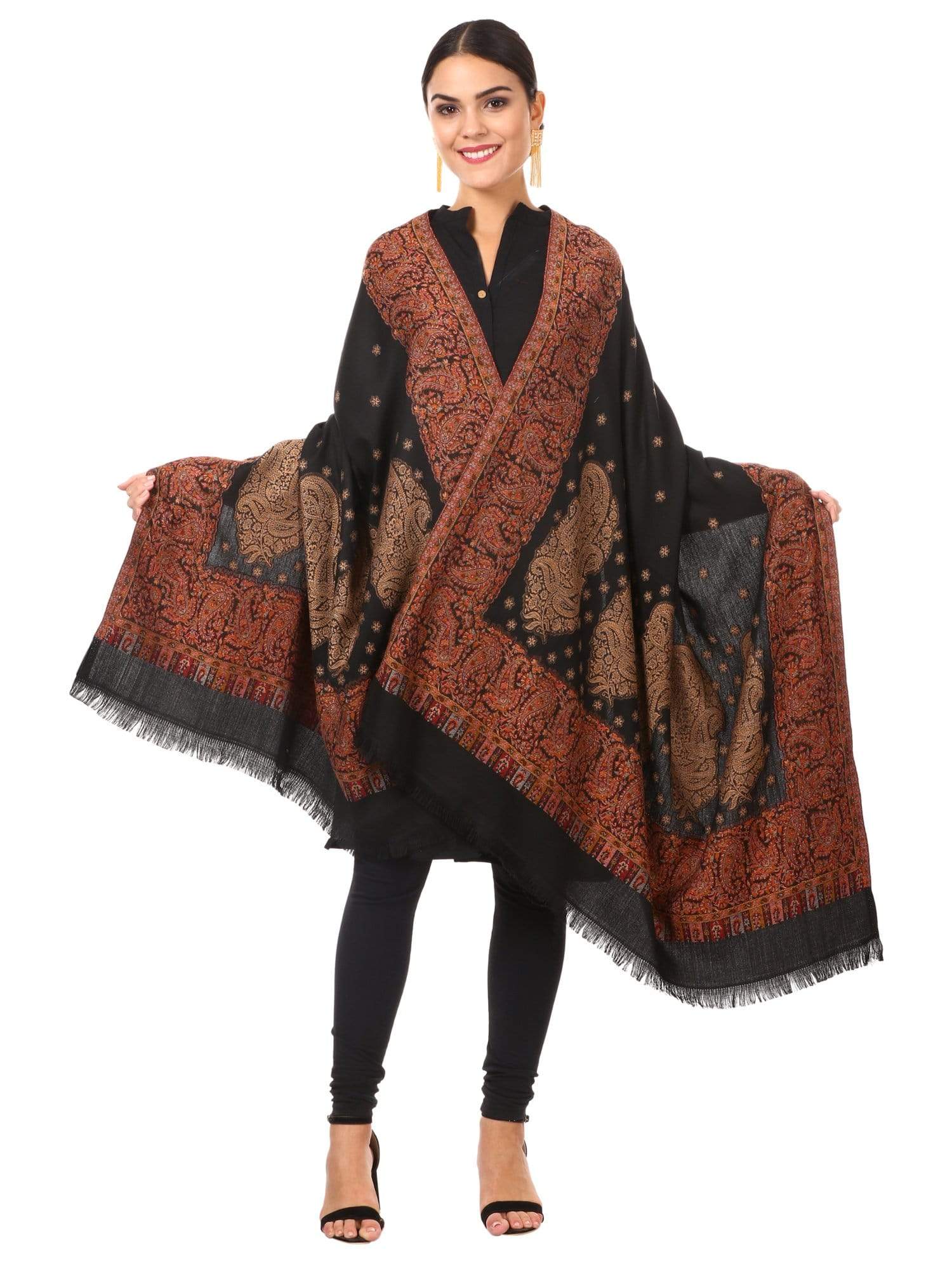 Pashtush Shawl Store Shawl Pashtush Womens Jamawar Shawl, Soft Faux Pashmina Black