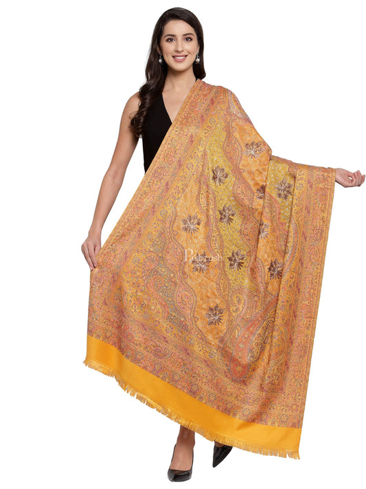 Pashtush India Womens Shawls Pashtush Womens Jamawar Shawl With Hand Aari Embroidery, Silky Threadwork - Soft Faux Mustard