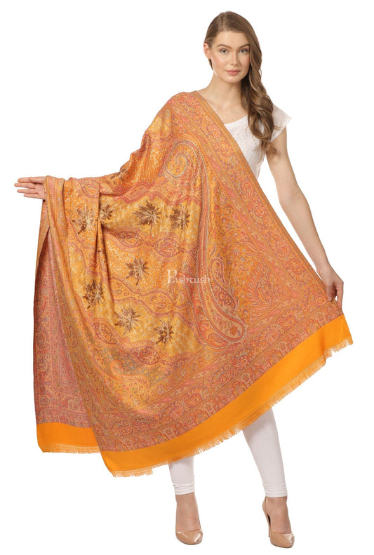 Pashtush India Womens Shawls Pashtush Womens Jamawar Shawl With Hand Aari Embroidery, Silky Threadwork - Soft Faux Mustard