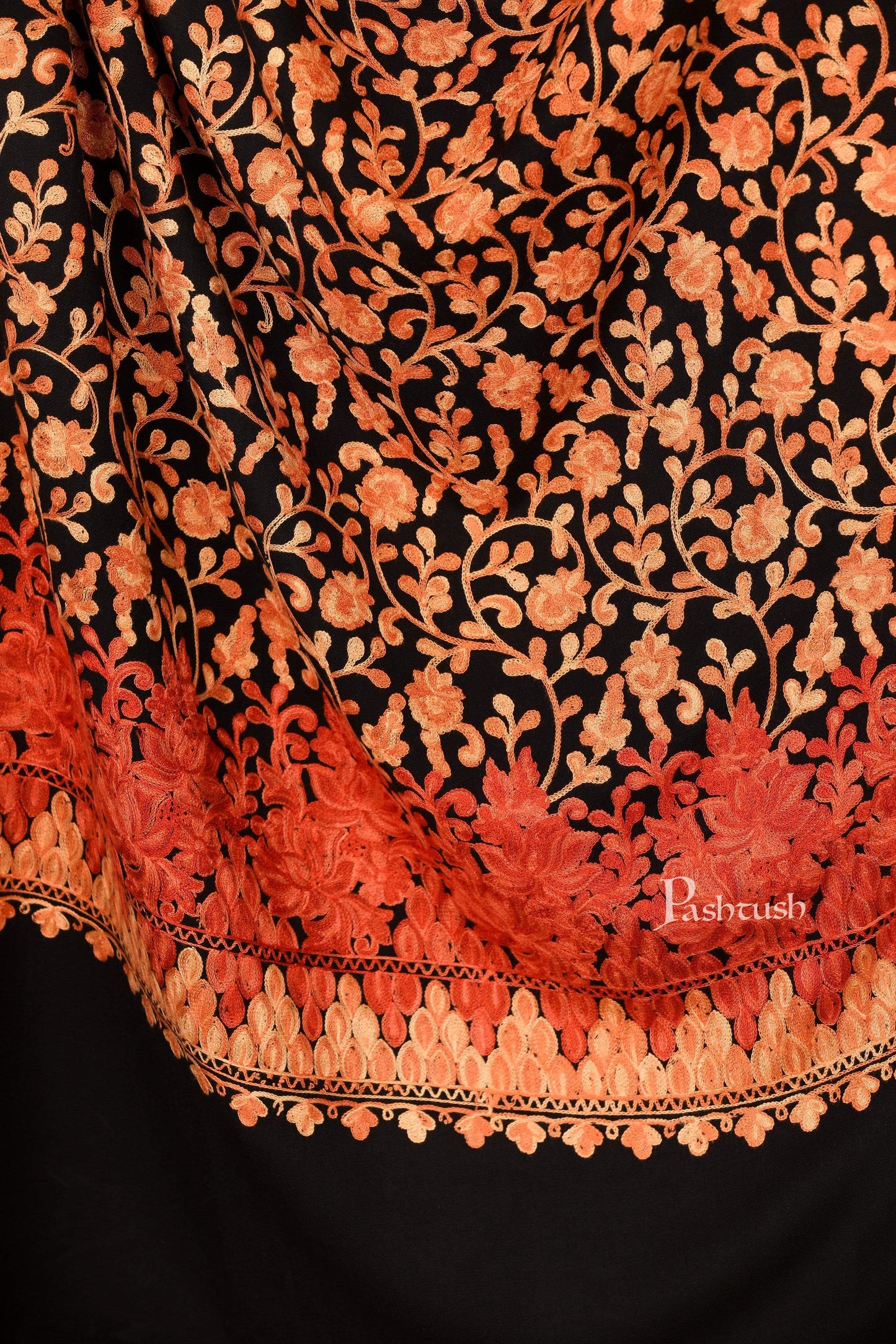 Pashtush India 100x200 Pashtush Womens Jamawar Shawl with Hand Aari Embroidery, Silky Threadwork - Soft Faux Pashmina