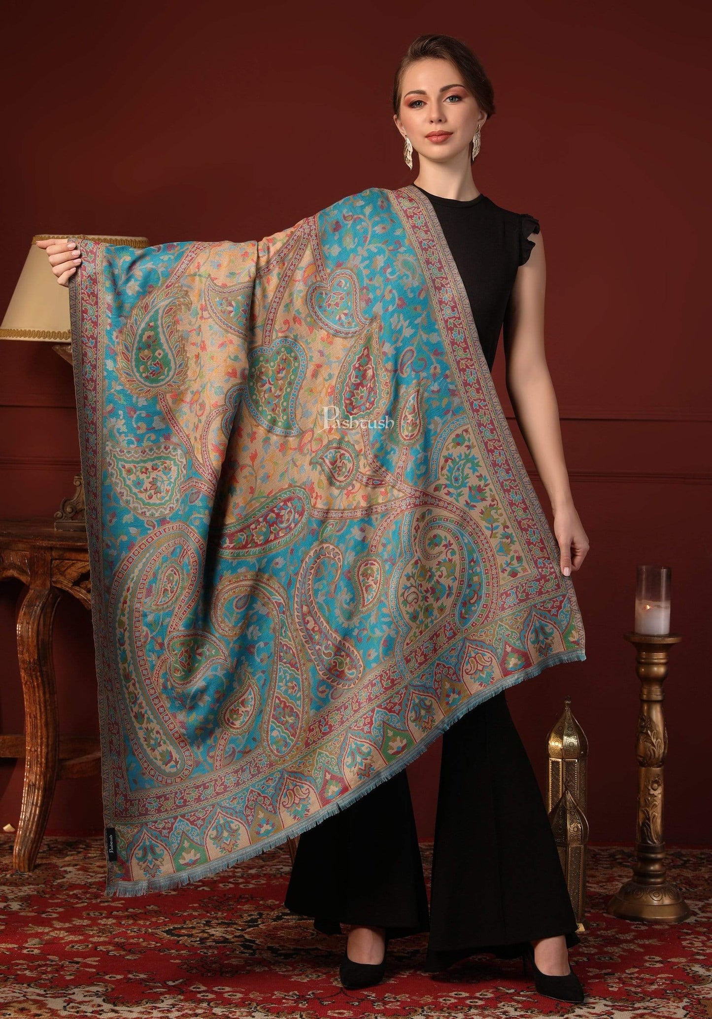 Pashtush India 100x200 Pashtush Womens Kaani Shawl, Faux Pashmina, Soft And Warm, Barabic Blue