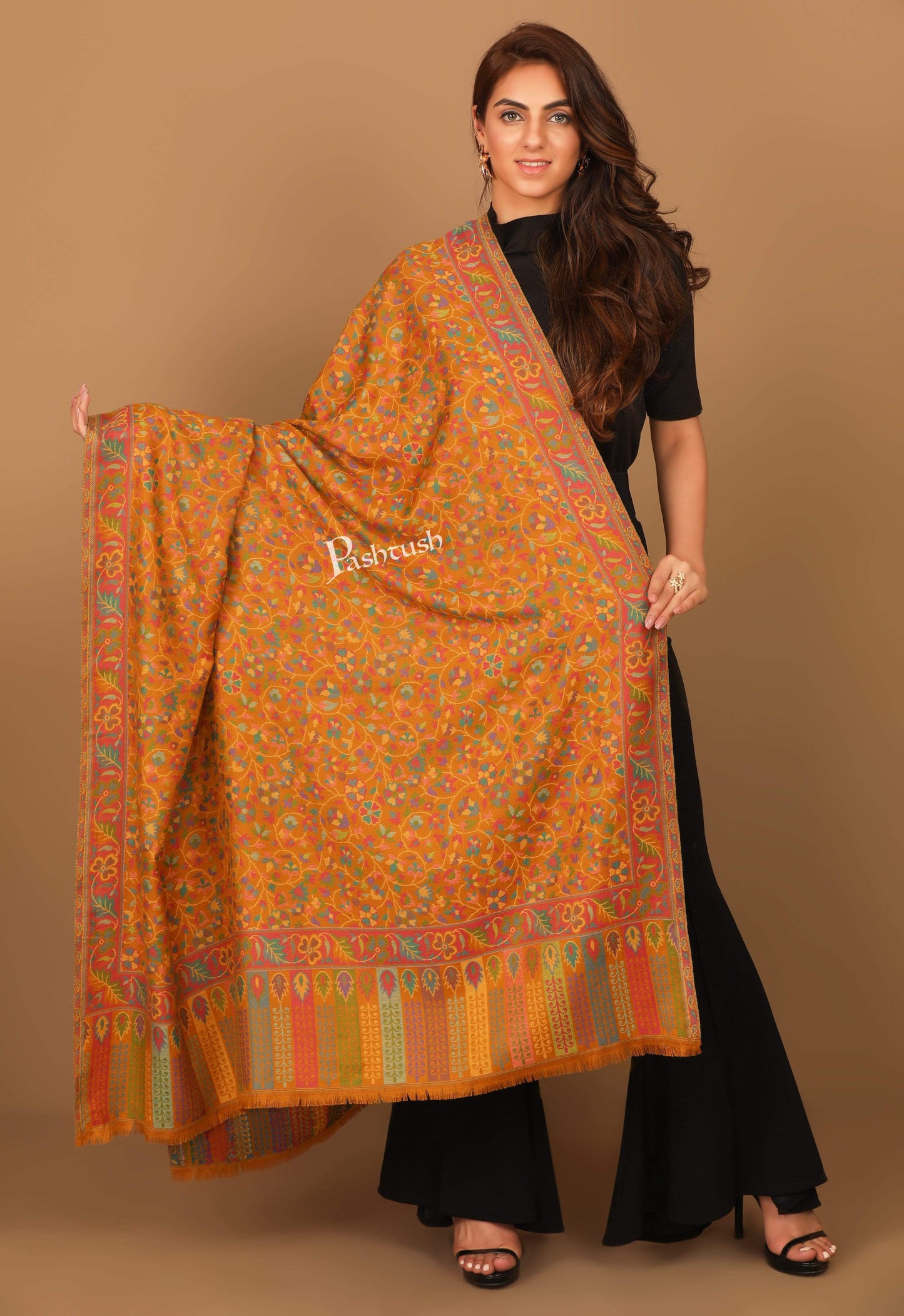 Pashtush India 100x200 Pashtush Womens Kaani Shawl, Faux Pashmina, Soft and Warm, Kashmiri Mustard