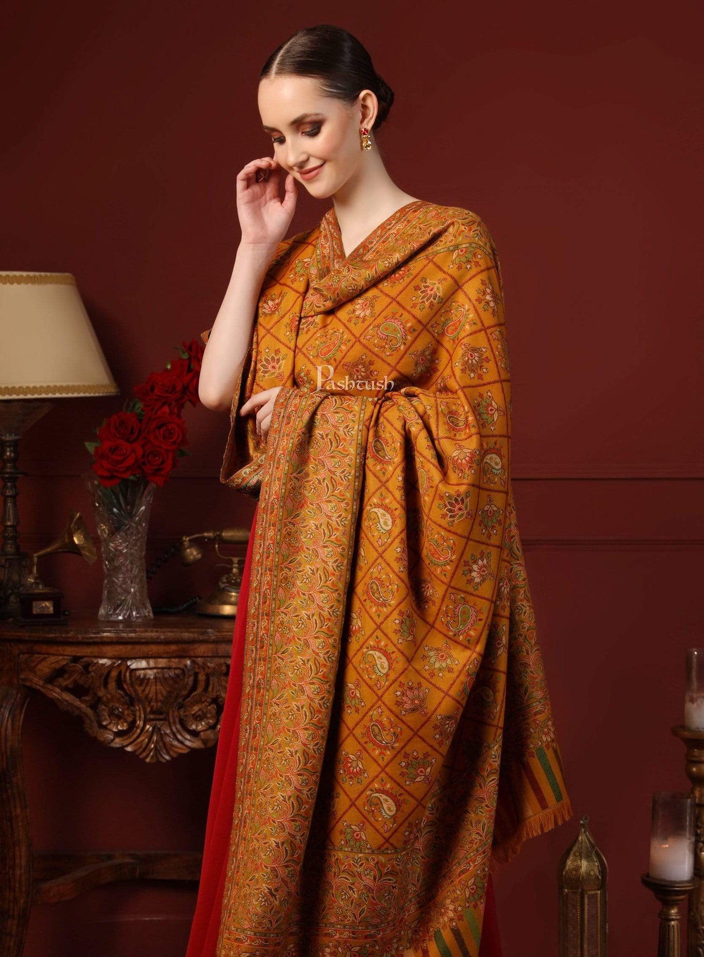 Pashtush India 100x200 PASHTUSH WOMENS KAANI SHAWL, FAUX PASHMINA, SOFT AND WARM, KASHMIRI MUSTARD