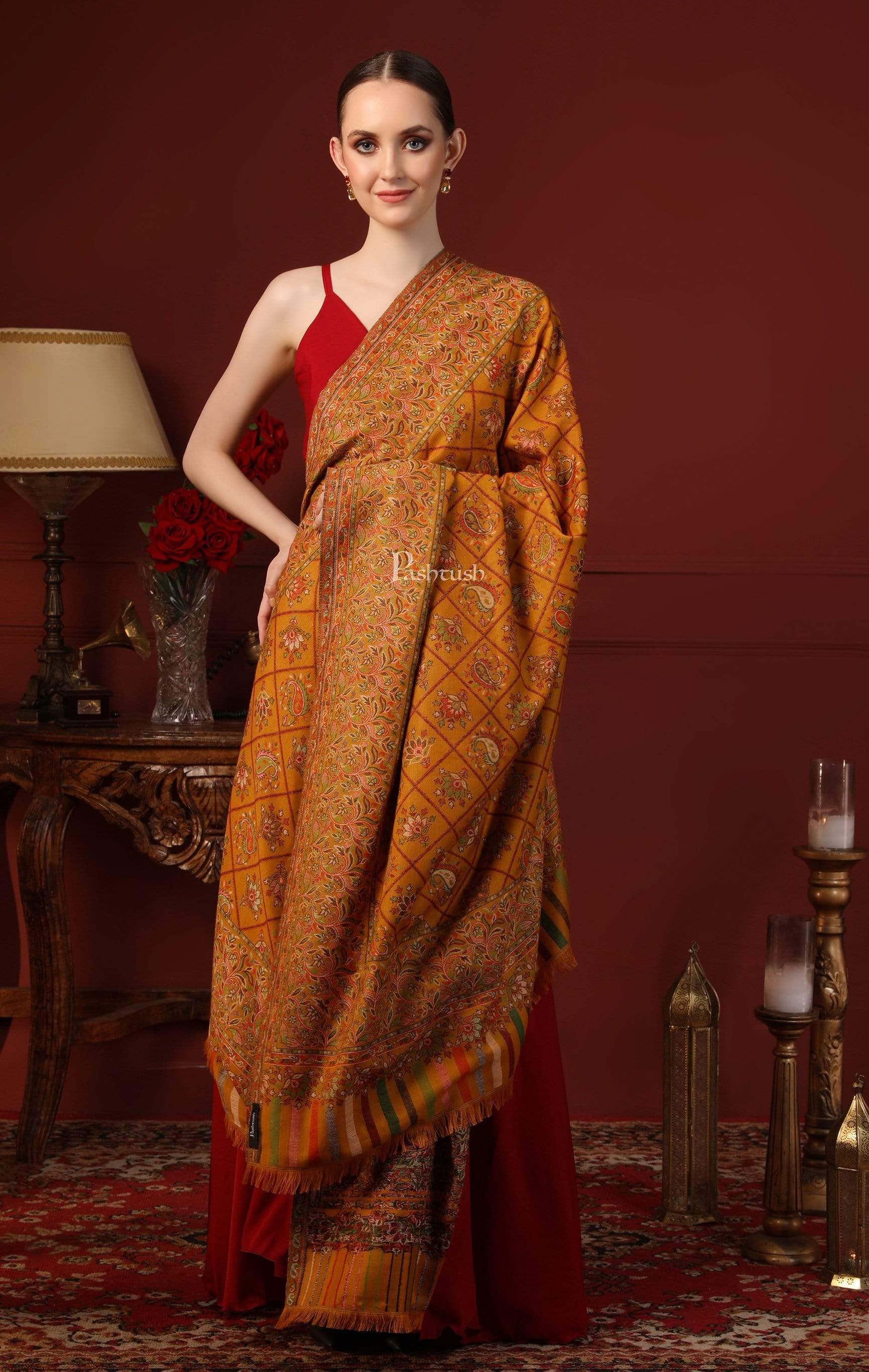 Pashtush India 100x200 PASHTUSH WOMENS KAANI SHAWL, FAUX PASHMINA, SOFT AND WARM, KASHMIRI MUSTARD