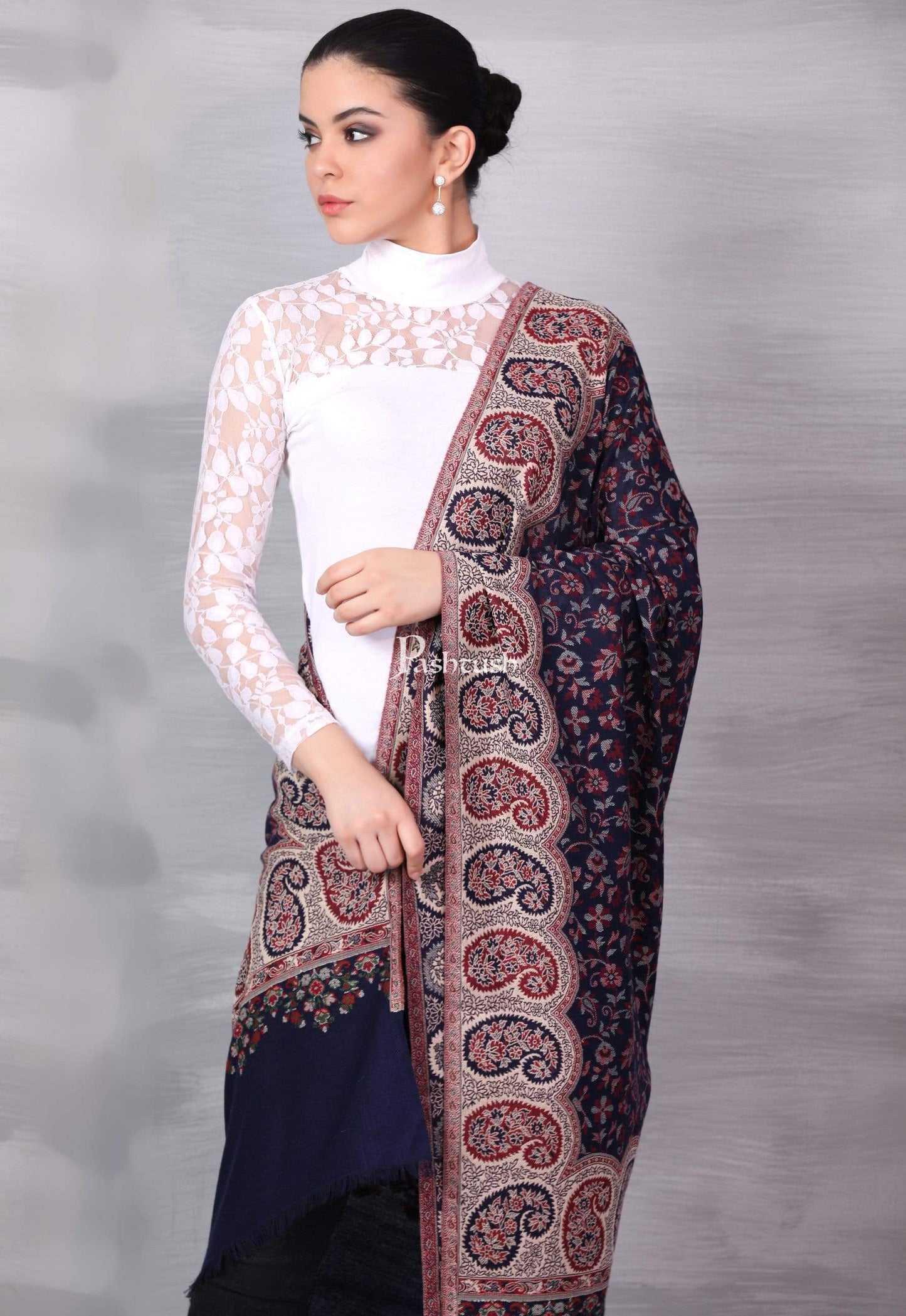 Pashtush India 100x200 Pashtush Womens Kaani Shawl, Faux Pashmina, Soft and Warm, navy Blue