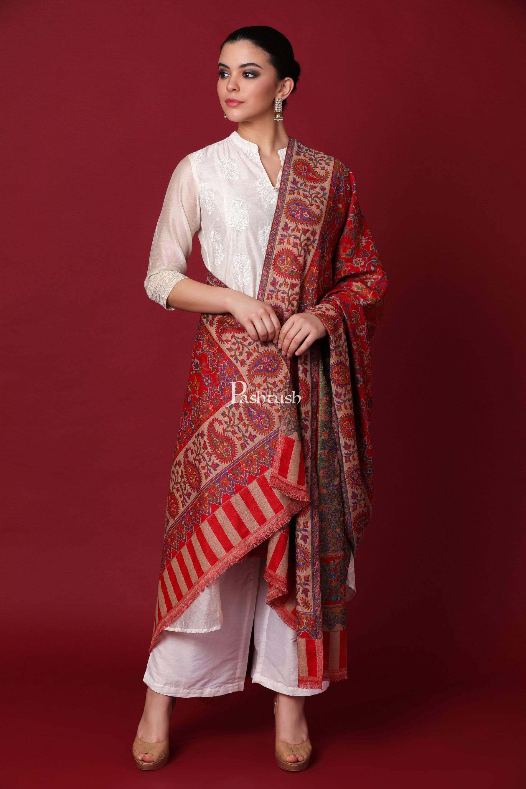 Pashtush Shawl Store Shawl Pashtush Womens Kaani Shawl, Faux Pashmina, Soft and Warm, Red