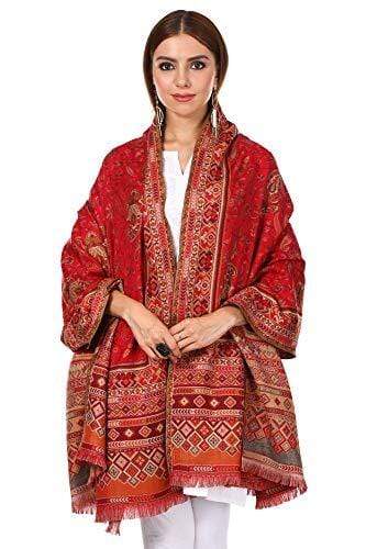 Pashtush Womens Ethnic Shawl, Faux Pashmina, Jacquard Design With Woven Paisleys, Soft And Warm - (Bridal Red)