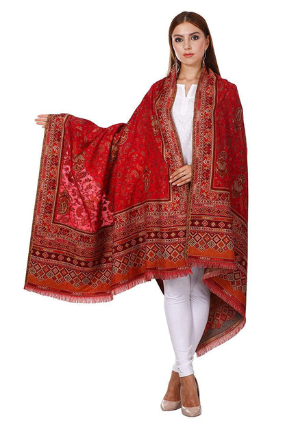 Pashtush Womens Ethnic Shawl, Faux Pashmina, Jacquard Design With Woven Paisleys, Soft And Warm - (Bridal Red)