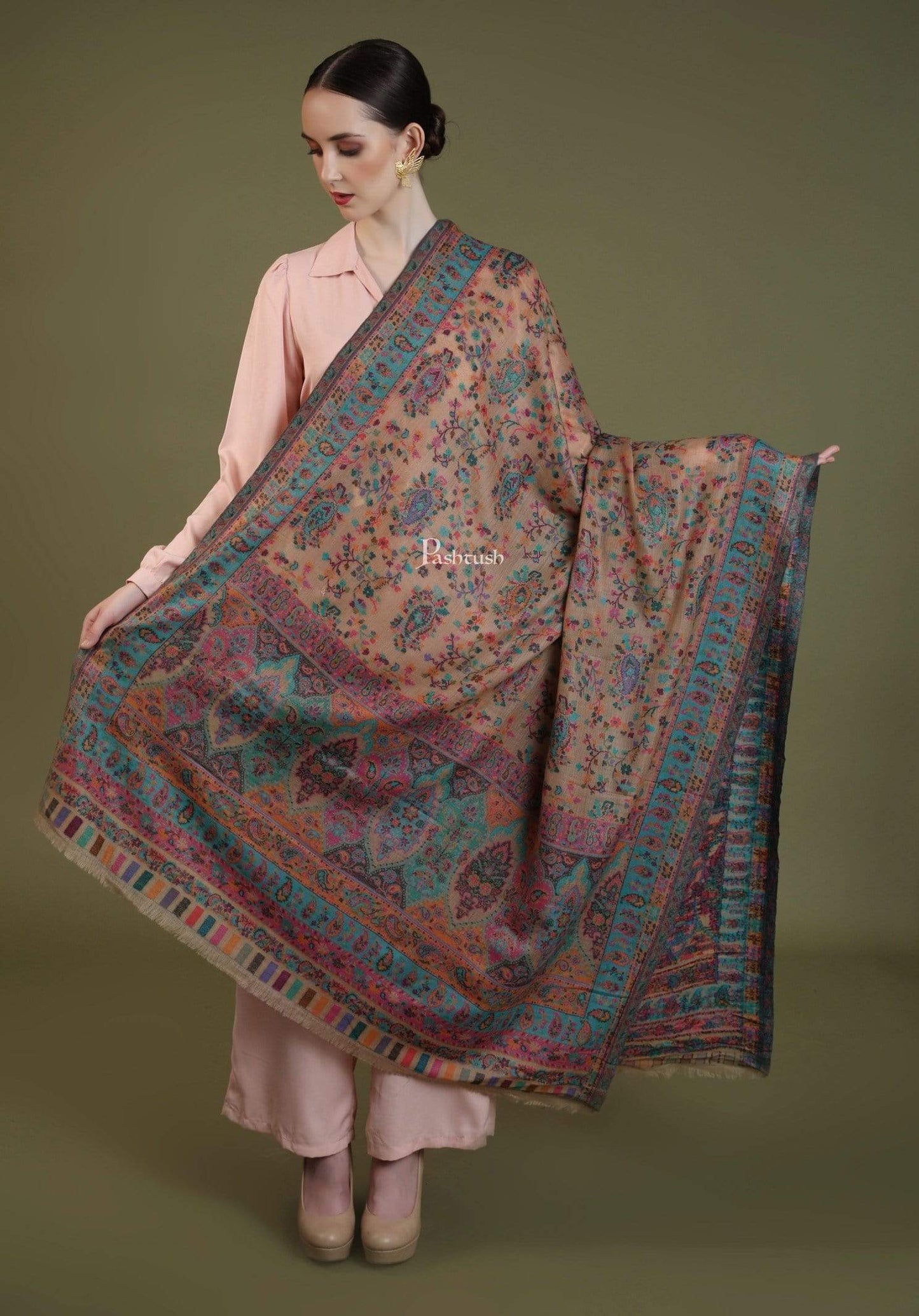 Pashtush India 100x200 Pashtush Womens Kaani Shawl, Pastel Coloured Weave, Pure Wool, Woolmark Certificate