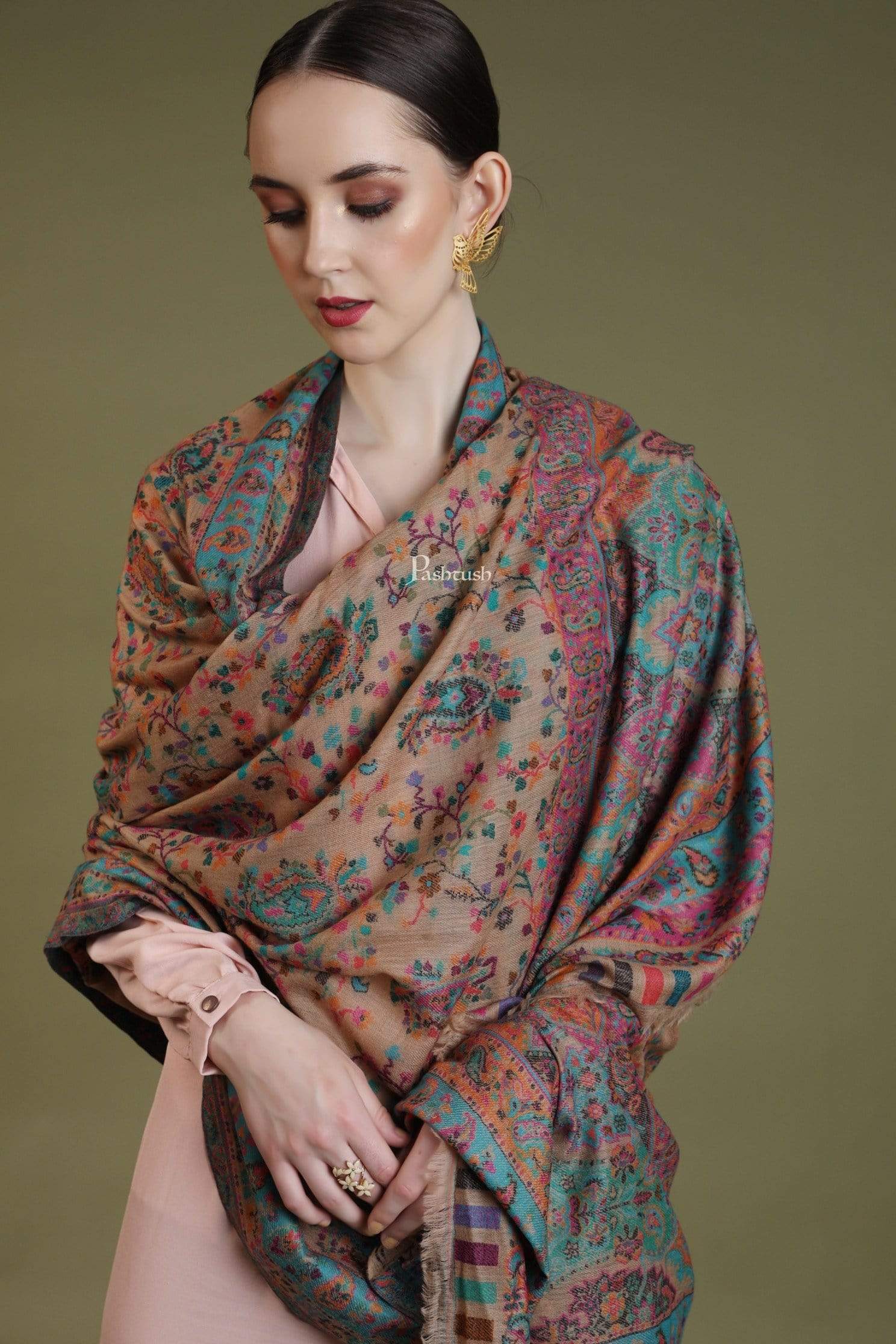 Pashtush India 100x200 Pashtush Womens Kaani Shawl, Pastel Coloured Weave, Pure Wool, Woolmark Certificate