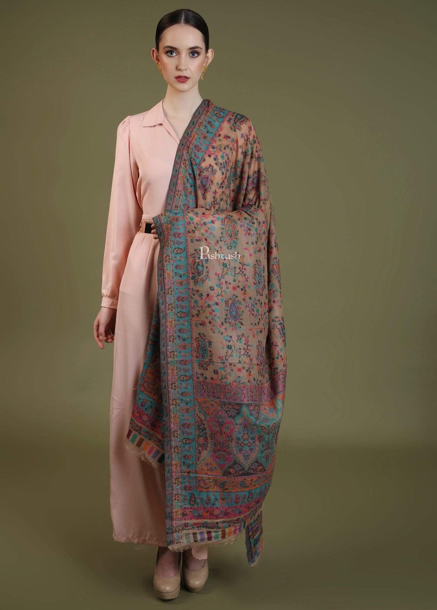 Pashtush India 100x200 Pashtush Womens Kaani Shawl, Pastel Coloured Weave, Pure Wool, Woolmark Certificate