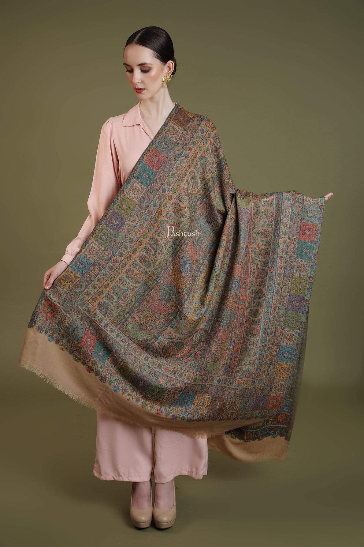 Pashtush India 100x200 Pashtush Womens Kaani Shawl, Pastel Coloured Weave, Pure Wool, Woolmark Certificate