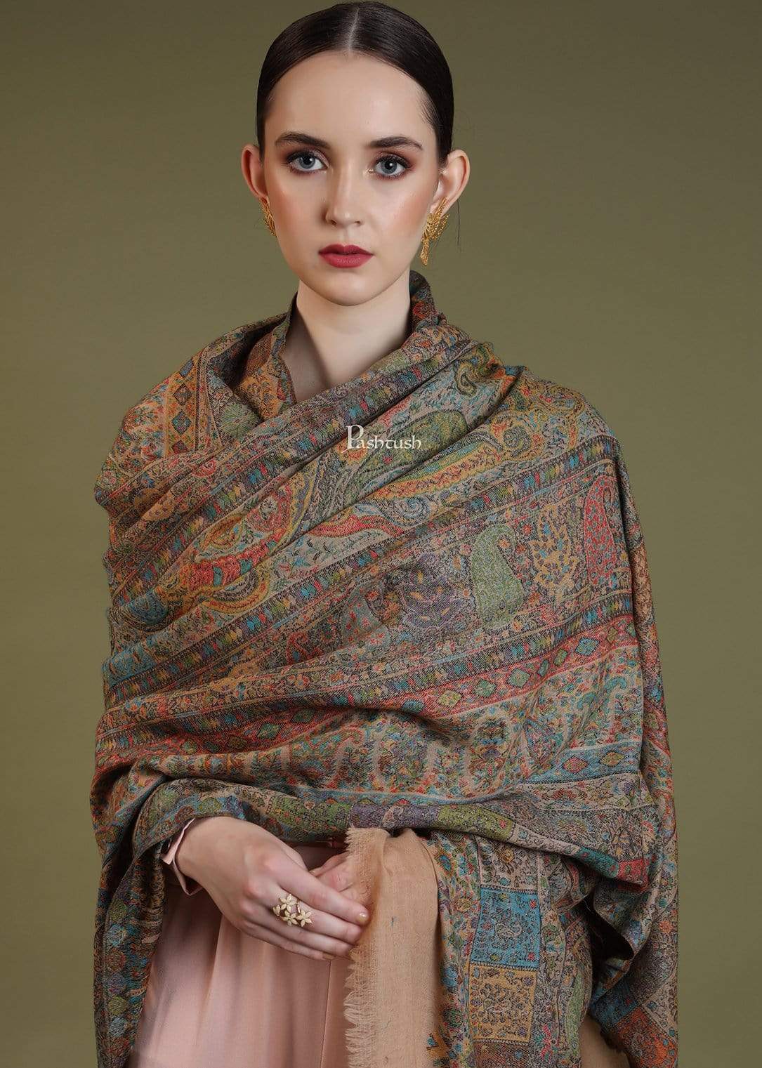 Pashtush India 100x200 Pashtush Womens Kaani Shawl, Pastel Coloured Weave, Pure Wool, Woolmark Certificate