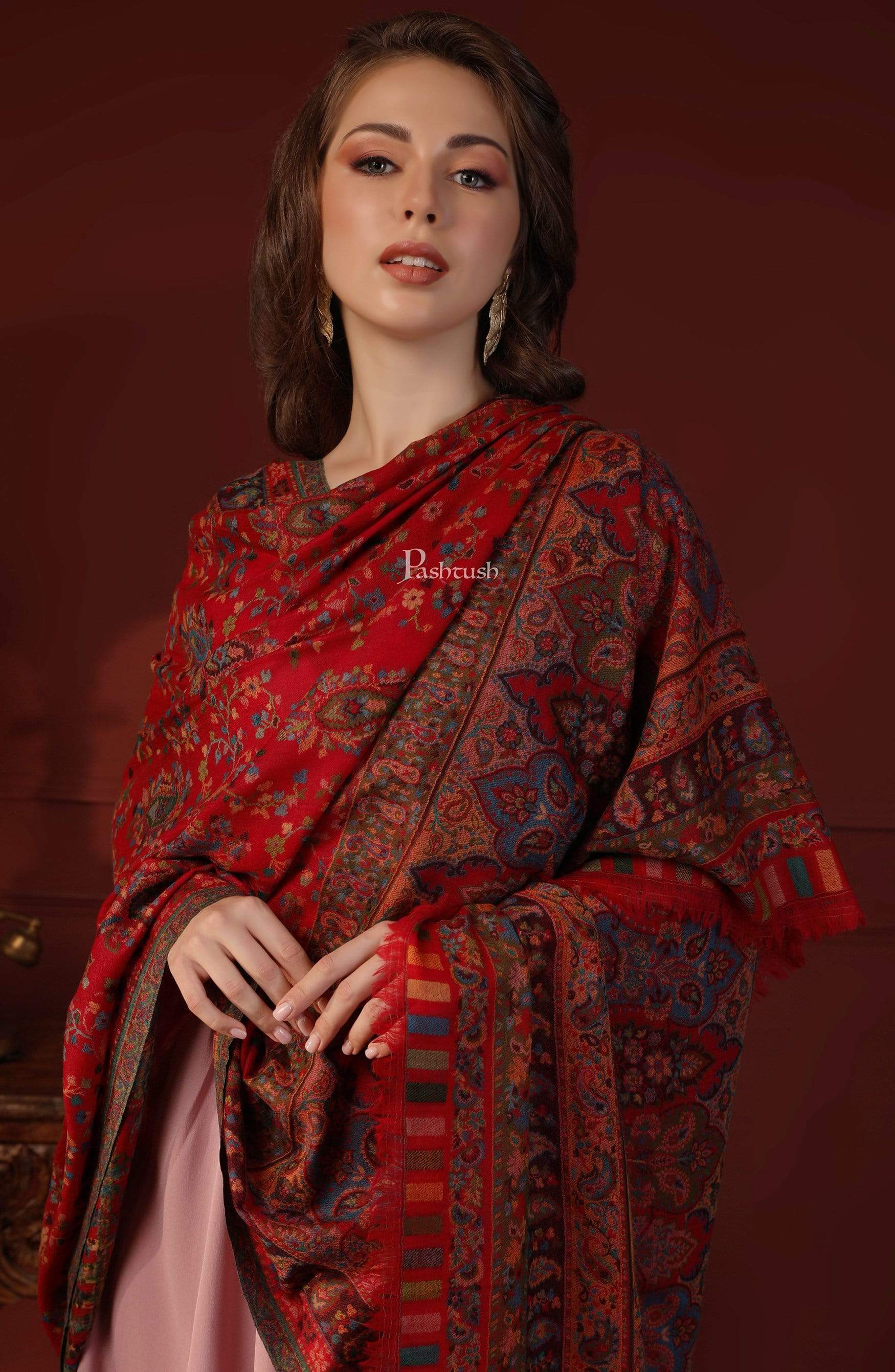 Pashtush India 100x200 Pashtush Womens Kaani Shawl, Pure Wool, Woolmark Certificate, Scarlet Red