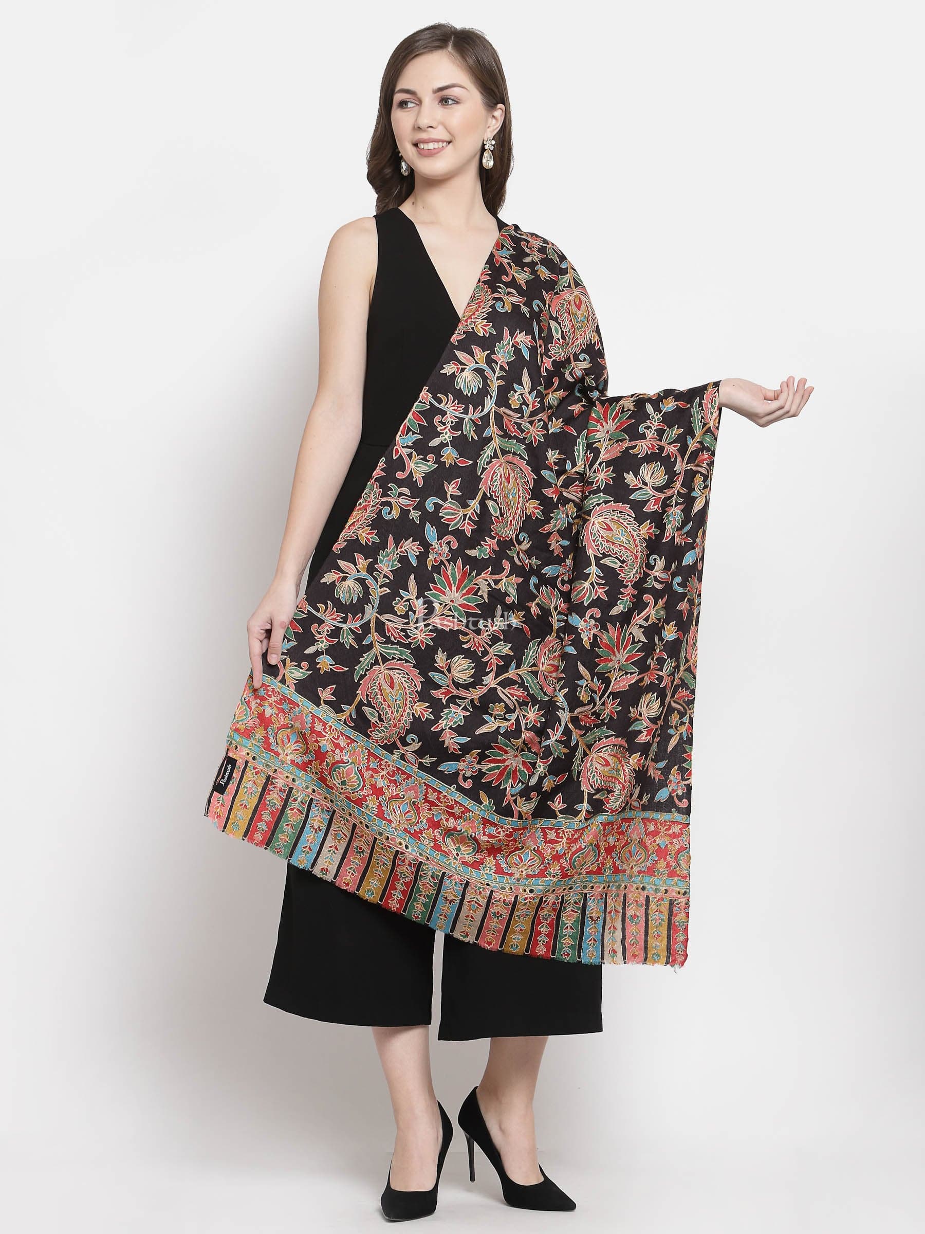 Pashtush India Womens Stoles and Scarves Scarf Pashtush Womens Kalamkari Fine Wool Hand Printed Stole Scarf