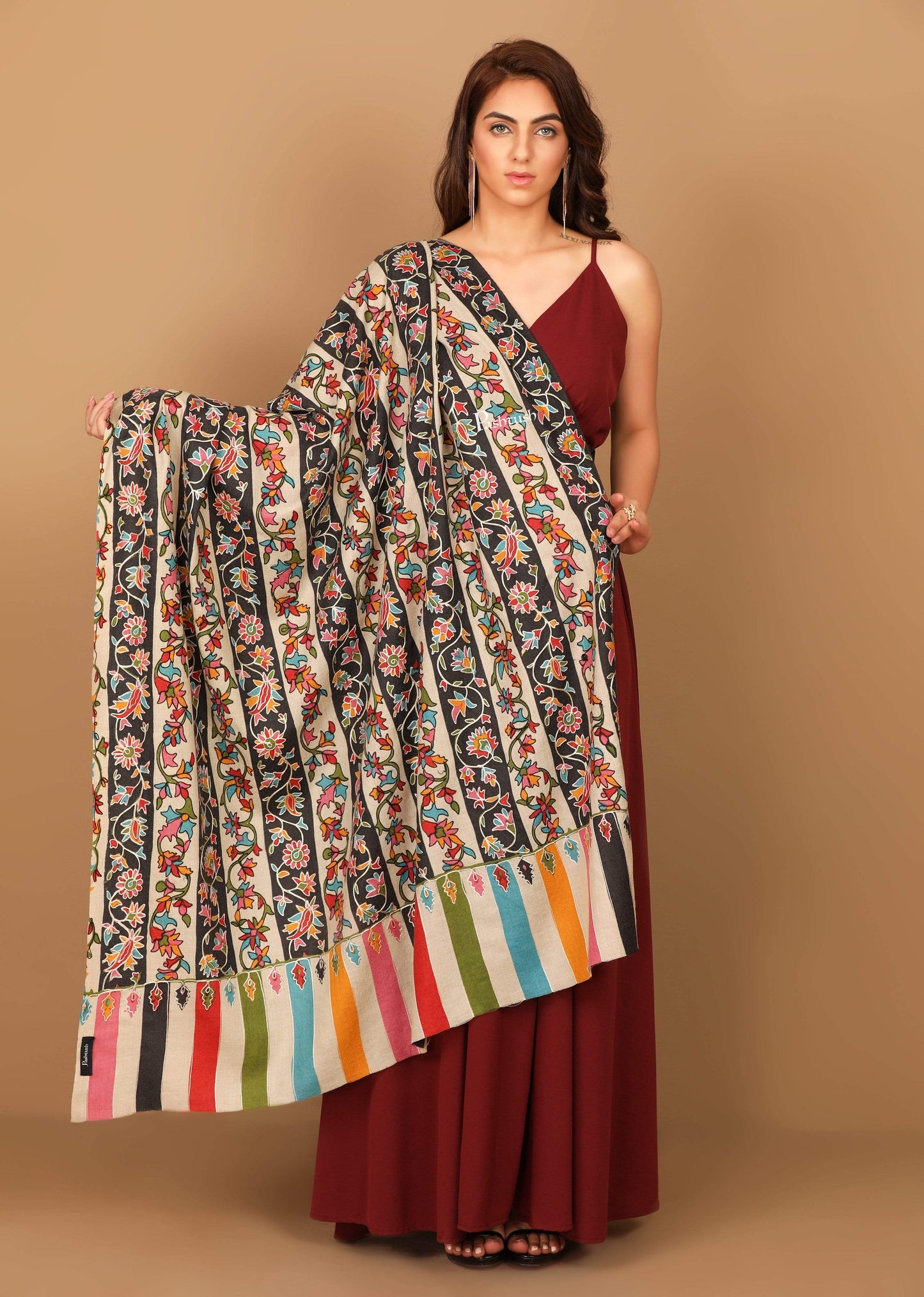 Pashtush Store Shawl Pashtush Womens Kalamkari Outline Embroidery Shawl, Kaani Painted Design