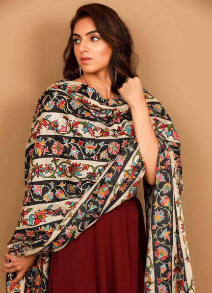 Pashtush Store Shawl Pashtush Womens Kalamkari Outline Embroidery Shawl, Kaani Painted Design