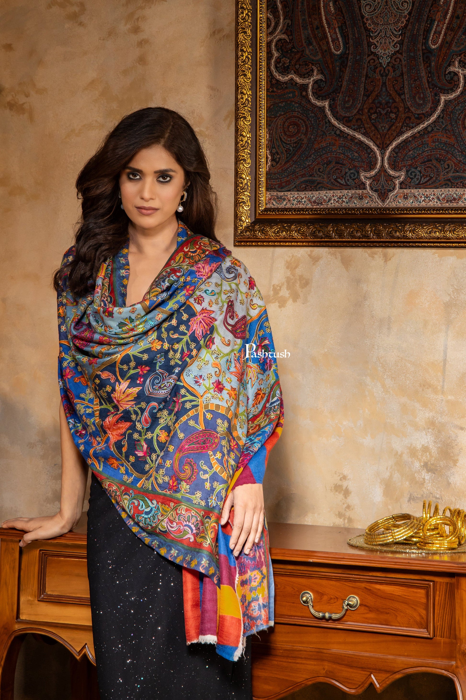 Pashtush India Womens Stoles and Scarves Scarf Pashtush Womens Kalamkari Shawl, Extra Fine Wool Shawl, Multicolour