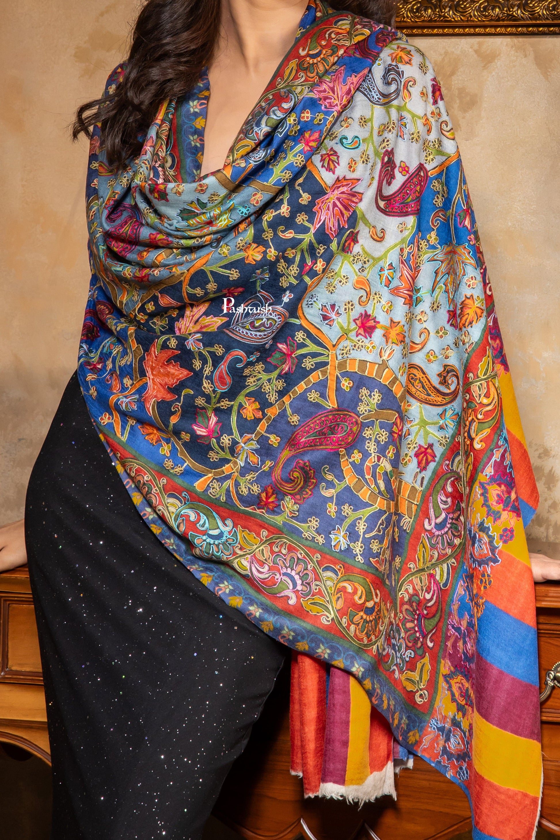 Pashtush India Womens Stoles and Scarves Scarf Pashtush Womens Kalamkari Shawl, Extra Fine Wool Shawl, Multicolour