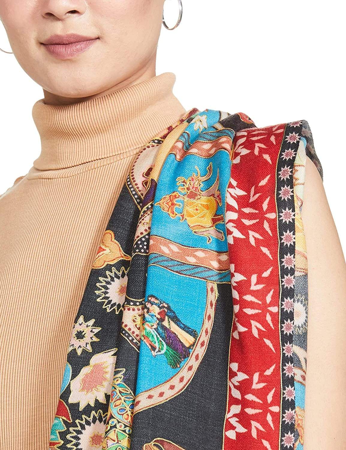 Pashtush India 100x200 Pashtush Womens Kalamkari Shawl, Multicoloured, With Outline Embroidery, 100% Pure Woolmark Certified