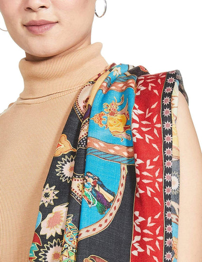 Pashtush India 100x200 Pashtush Womens Kalamkari Shawl, Multicoloured, With Outline Embroidery, 100% Pure Woolmark Certified