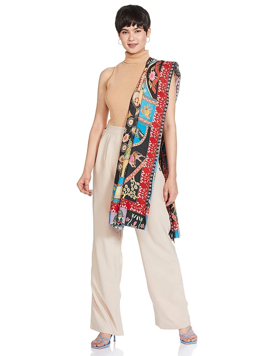 Pashtush India 100x200 Pashtush Womens Kalamkari Shawl, Multicoloured, With Outline Embroidery, 100% Pure Woolmark Certified