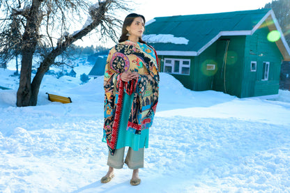 Pashtush India 100x200 Pashtush Womens Kalamkari Shawl, Multicoloured, With Outline Embroidery, 100% Pure Woolmark Certified