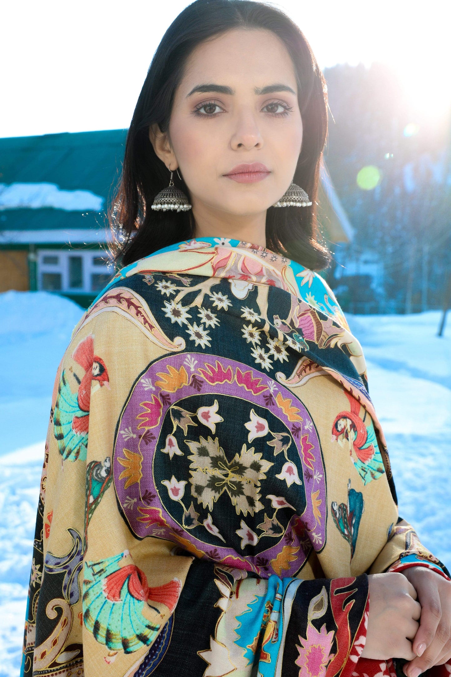 Pashtush India 100x200 Pashtush Womens Kalamkari Shawl, Multicoloured, With Outline Embroidery, 100% Pure Woolmark Certified