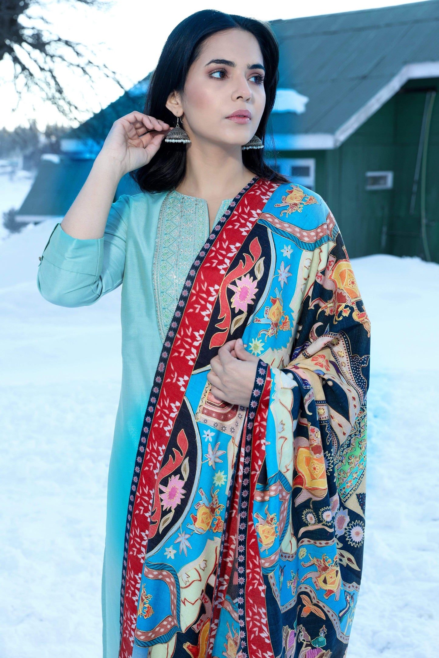 Pashtush India 100x200 Pashtush Womens Kalamkari Shawl, Multicoloured, With Outline Embroidery, 100% Pure Woolmark Certified