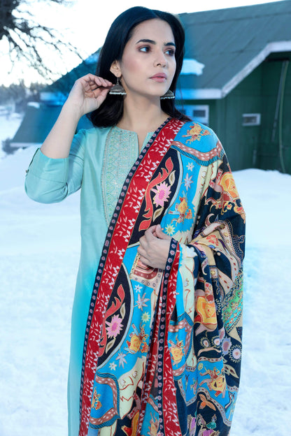 Pashtush India 100x200 Pashtush Womens Kalamkari Shawl, Multicoloured, With Outline Embroidery, 100% Pure Woolmark Certified