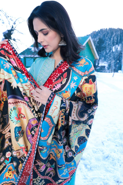 Pashtush India 100x200 Pashtush Womens Kalamkari Shawl, Multicoloured, With Outline Embroidery, 100% Pure Woolmark Certified