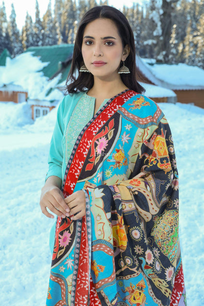 Pashtush India 100x200 Pashtush Womens Kalamkari Shawl, Multicoloured, With Outline Embroidery, 100% Pure Woolmark Certified