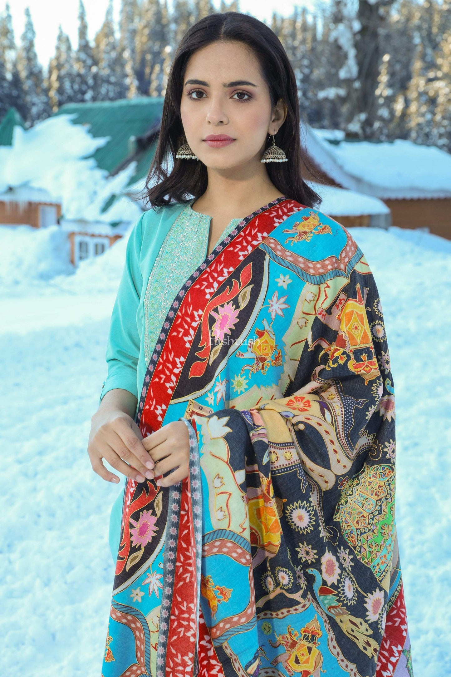 Pashtush India 100x200 Pashtush Womens Kalamkari Shawl, Multicoloured, With Outline Embroidery, 100% Pure Woolmark Certified