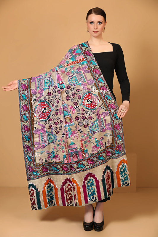Pashtush India Womens Shawls Pashtush Womens Kalamkari Shawl, Royal Darbar, Hand Embroidered Tilla Work With Resham, Soft Fine Wool