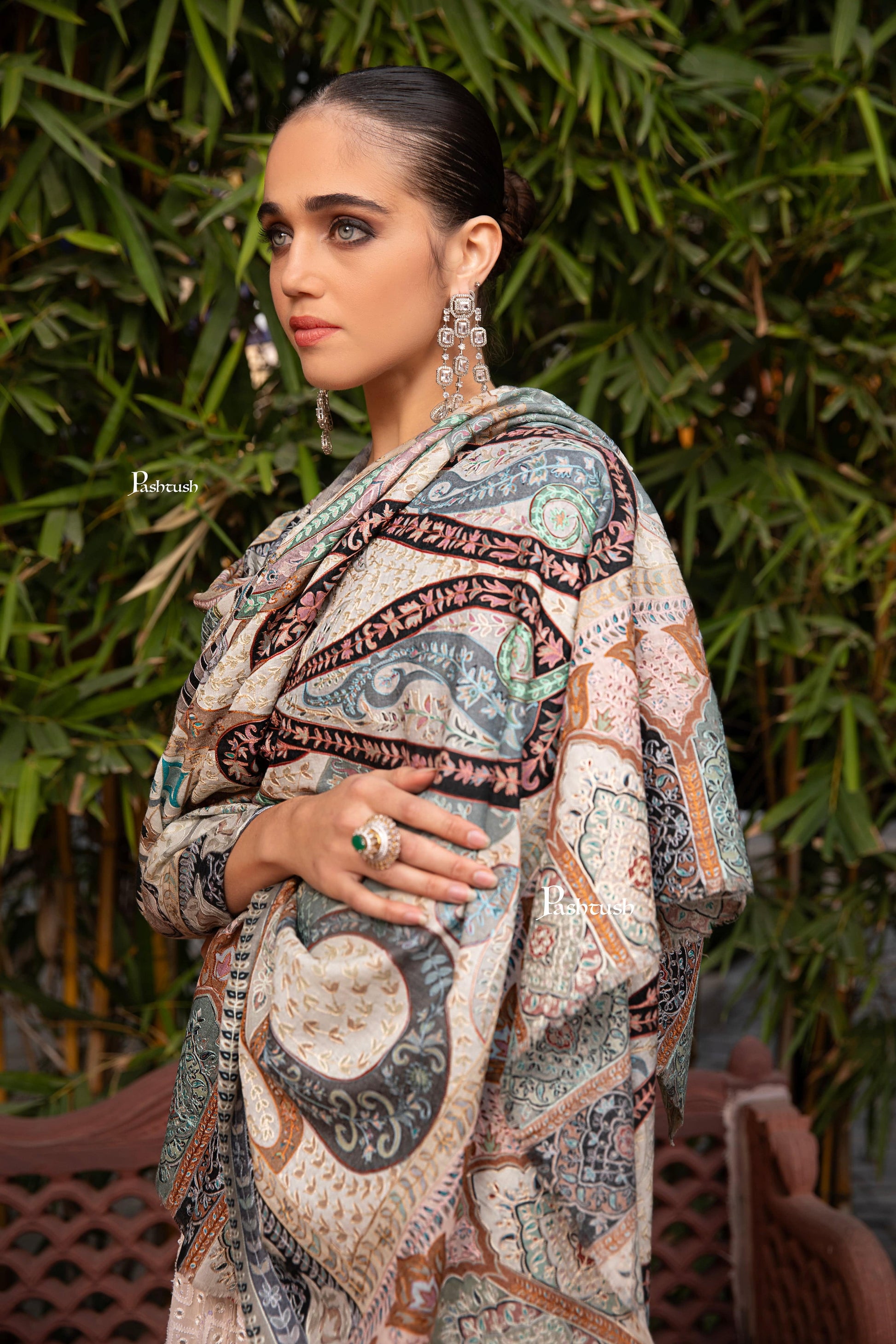 Pashtush India Womens Shawls Pashtush Womens Kalamkari Shawl with Hand Embroidered Outline Work, Fine Wool, Pastels