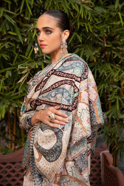 Pashtush India Womens Shawls Pashtush Womens Kalamkari Shawl with Hand Embroidered Outline Work, Fine Wool, Pastels