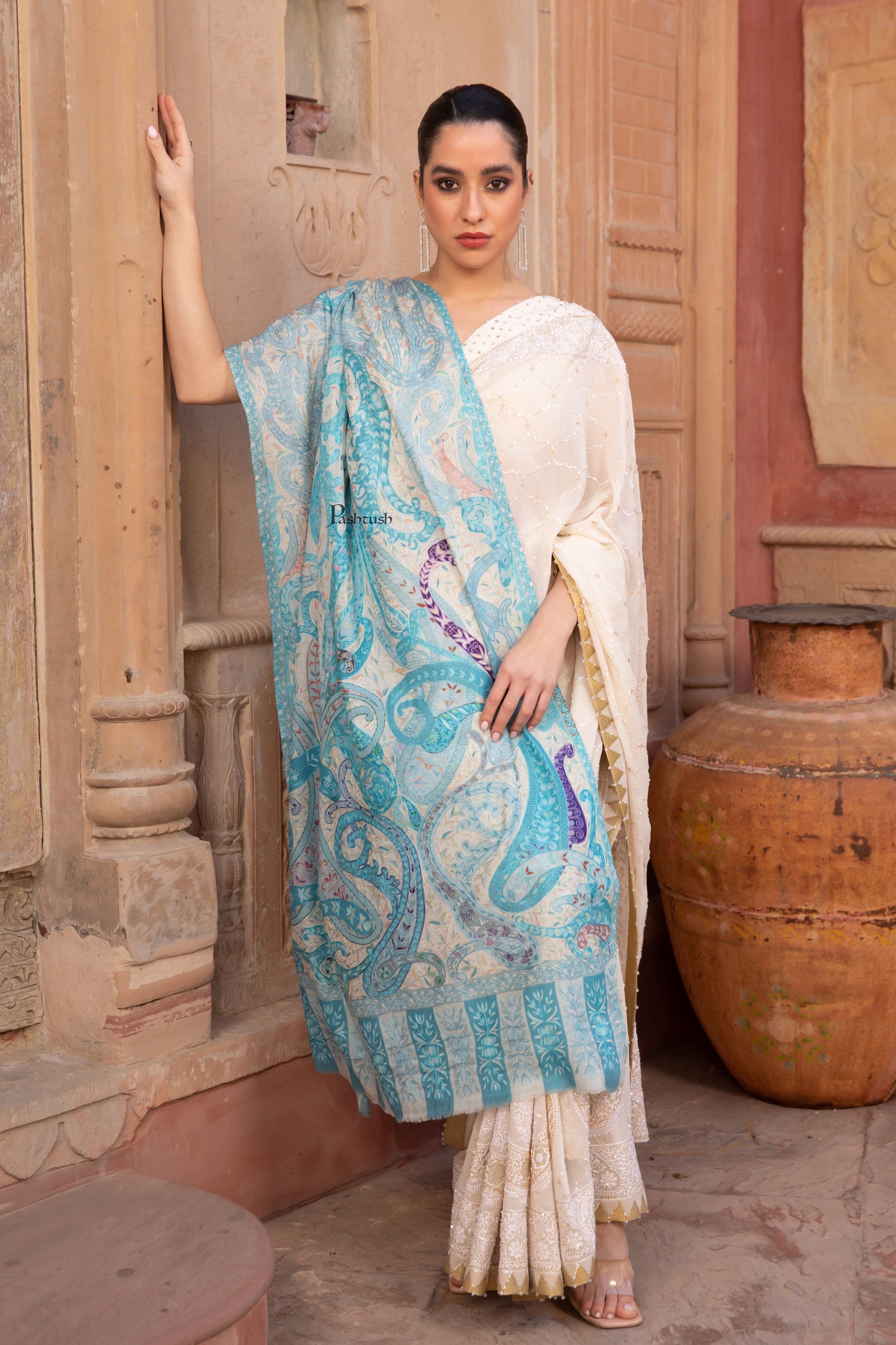 Pashtush India Womens Shawls Pashtush Womens Kalamkari Shawl with Hand Embroidered Outline Work, Fine Wool, Samarkand Blue