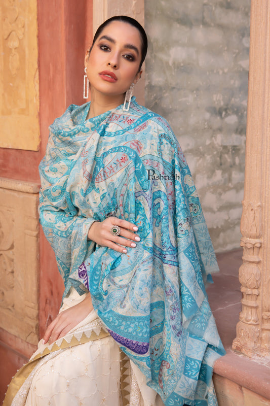 Pashtush India Womens Shawls Pashtush Womens Kalamkari Shawl with Hand Embroidered Outline Work, Fine Wool, Samarkand Blue